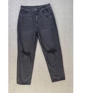 American Eagle Mom Straight Jean Black Denim High Rise Distressed Sz 6 Regular